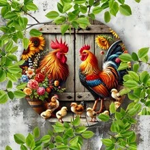 1pc 2D Retro Rooster & Hen Metal Tin Sign - 20x20cm Metal Wall Art With Vibrant Floral & Sunflower Patterns, Suitable For Outdoor/Indoor Use As Farmhouse Decor, Restaurant, Home, Rooster Decor Sign, Pre-Drilled Holes As Shown In Size Image, Hole Style Random