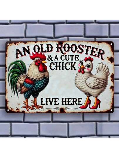 1pc Retro Metal Decorative Sign "A Rooster & Adorable Chick Live Here" - Multipurpose Wall Plaque For Home, Bar, Cafe, Garden, Farmhouse - Weather-Resistant, Predrilled, British Humor Tin Sign Gift, 8x12 Inch - For Yard, Street, Mall, Garage, Man Cave, Bedroom, Random Style