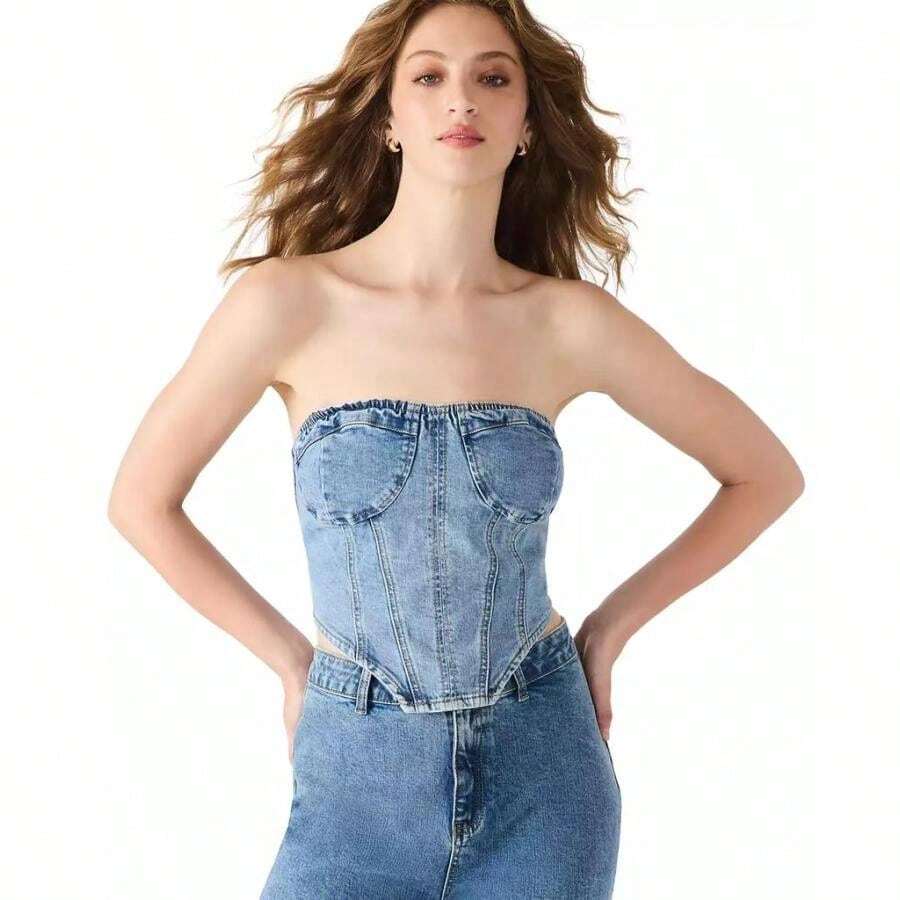 Steve Madden Women's Rina Strapless Denim Corset Top |  | Women Sports Tees & Tanks - Màu xanh đích thực - Xem 1
