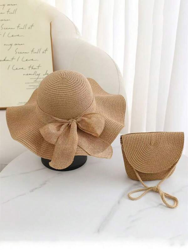 2pcs Women Khaki Wavy Bowknot Beach Sun Visor Hat & Crossbody Straw Bag Set, Casual Summer Sun Protection Large Brim Hat