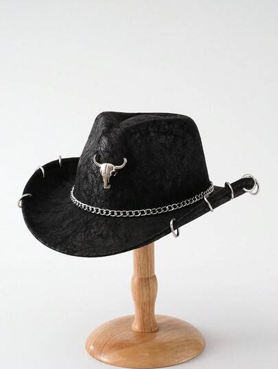 1 Stück Unisex PU Wildleder Cowboyhut mit Bullenkopf Ketten Drehriegel Dekoration, Cowboyhut im Westernstil mit breiter Krempe, Punk Rock Mode, verstellbares Riemenverschluss Design, geeignet für Alltag, Konzert, Outdoor Tragen