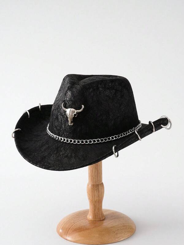 1pc Unisex PU Suede Cowboy Hat With Bullhead Chain Turnbuckle Decoration, Wide Brim Western Style Cowboy Hat, Punk Rock Fashion, Adjustable Buckle Design, Suitable For Daily, Concert, Outdoor Wear