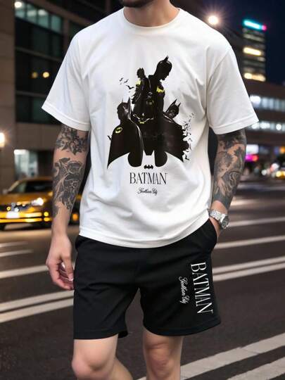 Warner Bros 2pcs/Set Warner Bros Men's Batman Printed Casual T-Shirt And Shorts Set, Summer