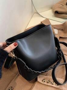 1 bolsa balde minimalista com zíper, estilo vintage, lisa, para ombro/transversal/portátil, adequada para uso diário - Preto - Ver 4