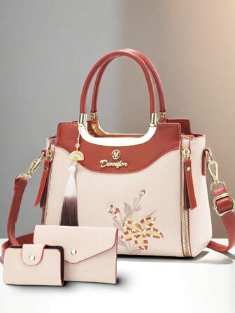 Elegante conjunto de 3 bolsos de moda para mujer con bordado - Estampado geométrico elegante, cartera de embrague de piel sintética y bufanda