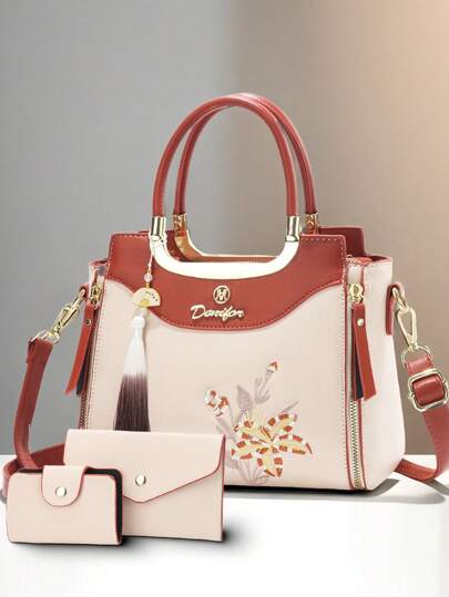 Juego de 3 piezas de bolso de mujer con estampado geométrico elegante, material de piel sintética, que incluye embrague y bufanda