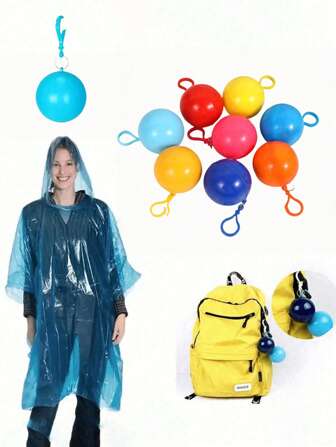 2/5个便携式雨披球，一次性加厚雨披，带球形收纳盒，适合徒步旅行和露营；可挂在背包上；露营用品颜色随机
