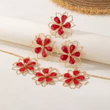 1pc Exaggerated Vacation Style Gold 5-Petal Flower Pendant Necklace, 1 Pair Earrings, 1pc Ring, Women Jewelry Set