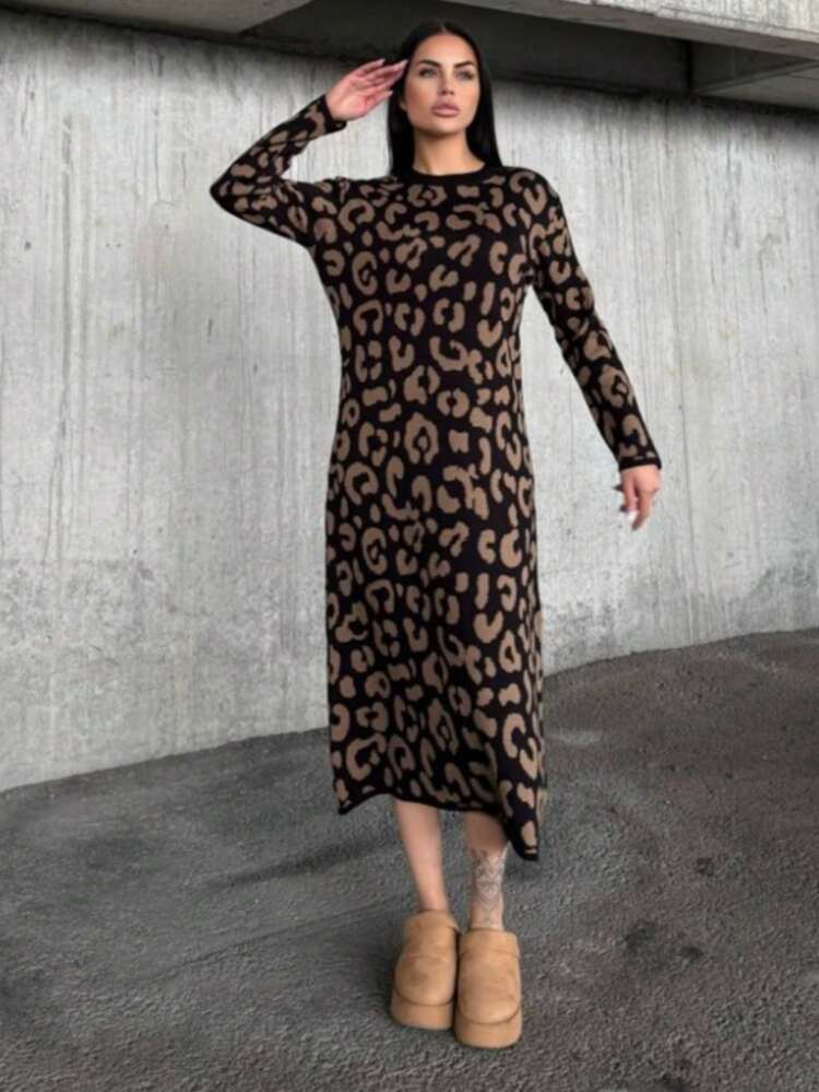 Women's Leopard Print Round Neck Long Sleeve Casual Dress - Black - View 2