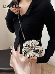 BAILEE 金属花形晚宴包舞会婚纱手提包口红零钱化妆包配饰包带金属链可斜跨前卫女士礼物 - 銀色 - 查看 7