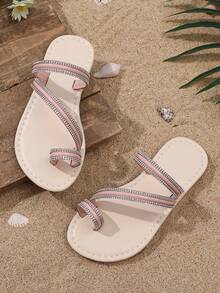 1 Pair Baby Girls Fashion Slippers, Soft Mirror PU Material, Rhinestone Decor, Round Toe, Slip-On Design, Lovely Flat Beach Sandals For Casual, Party, Beach, Daily Wear