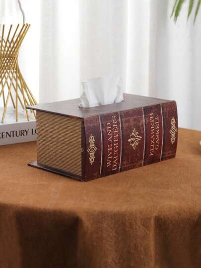 FEILIYA 1pc Vintage Book-Shaped Paper Towel Box, Faux Book Tissue Box For Home, Living Room, Dining Table, Coffee Table, Wooden And Leather Paper Napkin Holder