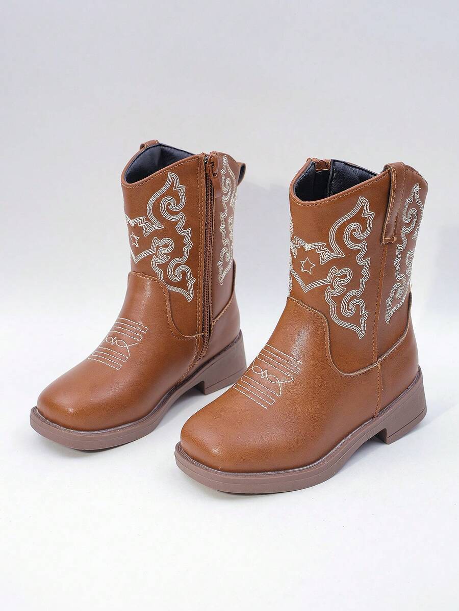 Girls High Boots/Mid Calf Boots With Embroidery, Block Heel, Color Splicing, Side Zipper, For Girls, Suitable For Autumn/Winter - Brown - View 1