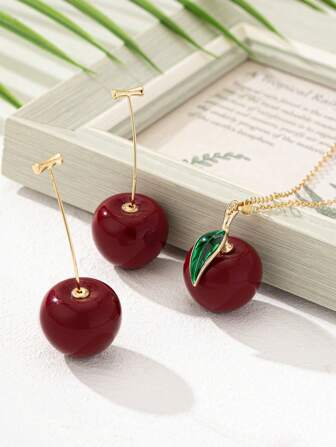 Korean Style Cherry Oil-Drop Earrings, Gilded Versatile Sweet Personalized Stud Earring & Necklace Set, Cute Minimalist Fruit Jewelry, Ready Stock Wholesale