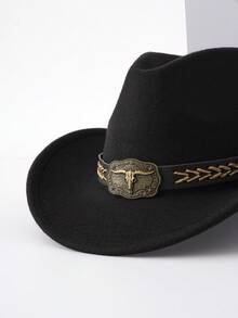 Um chapéu de cowboy retrô, adequado para homens e mulheres. Um chapéu clássico de aba larga, feito de feltro e poliéster, 100% neutro, equipado com acessórios de tira entrelaçada com fios de cabeça de touro, bordas rígidas reforçadas, perfeito para festas, dramatizações ou como presente. - Chapéu de cabeça de ovelha de corda de cânhamo - Ver 2