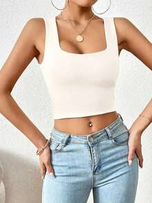 Crop top para mujer escote cuadrado resaque  Liso    Casual    Espalda al aire    crop top   Playa  Vacaciones  Casa  Diario  Fiesta de Cumpleaños  Jardín  Calle  regreso a casa  Despedida de soltera  viaje  Escenario y concierto    primavera verano - Blanco - Ver 2