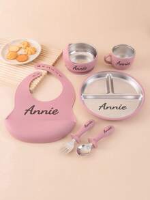 6PCS Print On Demand Silicone Bib Stainless Steel Cup Spoon Fork Sets Self Feeding Training Bowl Plate With Suction Base Tableware Sets, Shower Gift, Led Weaning, Personalized Gift - Multicolor - View 3