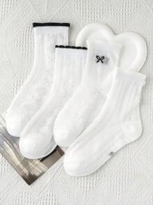 4 Pairs Girls' Bowknot Design White Mesh Casual Breathable Student Socks, Suitable For Spring/Summer Daily Wear
