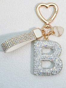 1pc Soft Pottery Pink Letter Rhinestones Keychain, Cute & Personalized Bag Charm, Car Key Chain, Heart Decor Gift For Mom, Friend, Valentine's Day School - White - View 15