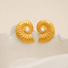 1 Pair Stainless Steel Golden Fashionable Minimalist Tropical Island Sea Shell Earrings, Suitable For Women's Summer Dates, Parties, Vacations