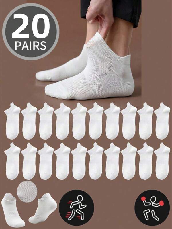 20 Pairs Men's White Tab Low Cut Socks Mesh Top Breathable And Arch Support Foot Confortable Anklet Socks
