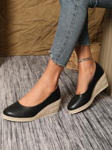 Fashionable, Elegant, Casual, Versatile, Daily Commute Solid Color Casual Commute Outdoor Elegant Party Resort Fashion PU Leather Woven Women's Platform Wedge High Heel Shoes, Fall Shoe, Shoes, Holiday, Wedding, Resort, Party, Indoor Outdoor, All Season