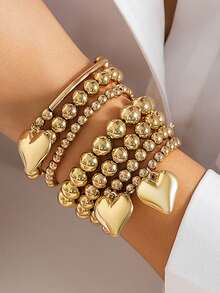 7pcs Vintage Minimalist Elegant Beaded Bracelet Set For Women, Daily, Commute, Date, Party, Holiday, Girlfriend Birthday Gift - 金色 - 查看 1