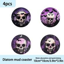 1 set/4 pièces/6 pièces de dessous de verre en boue de diatomées à motif de cadre de crâne violet d'Halloween, dessous de verre à fleurs pour café, décoration multioccasion pour la maison et le restaurant, cadeaux quotidiens, décoration de table, décoration quotidienne, décoration de fête à thème