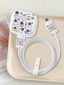 5pcs/Set Astronaut & Planet Graphic Protector Covers Compatible With Apple 20W UK Plug Charger & Data Cable Nan Cable Protector Charger Accessories Phone Accessories - Multicolor - View 3