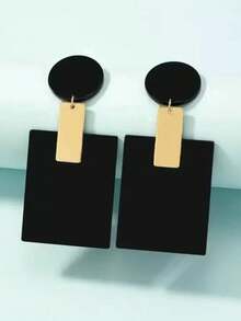 1 对女士欧美时尚朋克夸张几何圆形/方形/三角形金属吊坠耳环 - 黑色 - 查看 3