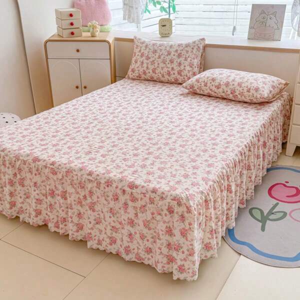 1pc New A-Class Colorful Heart, Strawberry Story, Misty Purple, White Polka Dot Pattern, Cloud-Like Cotton Crinkle Chiffon Double Layer Bedskirt, Excluding Pillowcase. Fresh Digital Printed Bedskirt. Slip-Resistant Fitted Bed Sheet Set. Suitable For Student Dorm, Home Bedroom, All Season Use. Selecting The Right One Can Make The Bedroom Tidier And More Beautiful, Making Sleep More Comfortable.