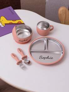 5PCS Personalized Customization Name Children Suction Base Plate Suction Base Bowl Cup Spoon Fork Sets Stainless Steel Silicone Tableware For Children First Stage Utensils Training Self Feeding Cutlery Print On Demand Children Essentials,Multi-Functional,Ornamental,Letter,Stylish,Modern,Colorful,Cute,Adorable,Casual,Custom,Personalised,Unique,Customized,Ideal Gifts For Him,Ideal Gifts For Her,Customized Kids Tableware,Christmas Gift Supplies ,Travel Organizer - Multicolor - View 5