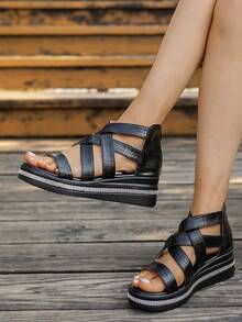 女士水钻装饰坡跟凉鞋，时尚露趾镂空拉链后跟舒适夏季户外凉鞋