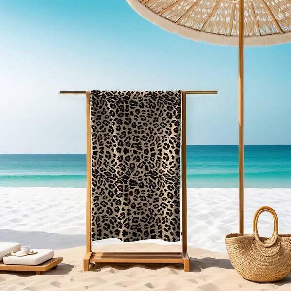 1pc Modern Leopard Print Ultra-Fine Fiber Beach Towel - Quick Dry, Absorbent, Soft Knitted Fabric, Rectangular, Polyester, Suitable For Beach, Camping, Swimming, Yoga