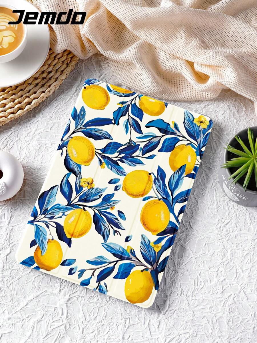 1pc Lemon, Leaves Print Tablet Sleeve With Pencil Slot, Anti-Drop, Sleep/Wake Compatible, Fits , And IPad