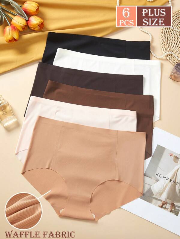 6pcs/Pack Plus Size Women's Seamless Ribbed Breathable High Elasticity Comfortable Hipster Panties, Neutral Colors, Suitable For Sports & Home Wear