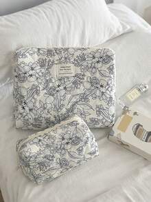 1 件花卉印花绗缝女士化妆包，柔软面料花卉印花拉链化妆包，适合存放化妆品、护肤品、口红、指甲油、发饰，非常适合家庭、旅行、新年/情人节礼物旅行必需品包，适合学校假期返校用品化妆包女士旅行包