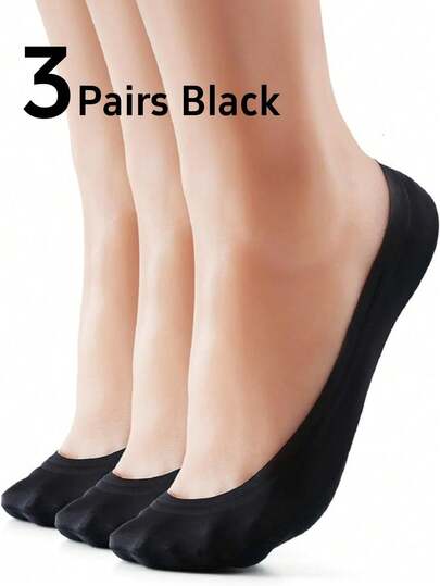 3 Pairs Women's Black Thin Nylon Invisible Socks, Lining Socks, Seamless, Non-Slip, Suitable For Business, Casual Occasions, Can Be Paired With Various Shoes Like Flats, High Heels, Sneakers And Casual Shoes, Great For Work, Shopping, Walking, Parties And Daily Wear. Mother's Day Gift