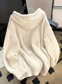 女士休闲连帽针织开衫，宽松长袖，前口袋，可调节抽绳兜帽，简约设计，舒适套头衫，秋冬