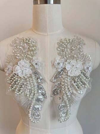 1 对手工串珠 3D 蕾丝花朵珠饰亮片刺绣蕾丝贴婚纱新娘头饰装饰 DIY 补丁服装配饰