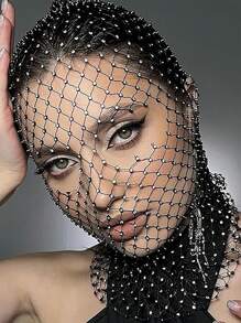 Bonés femininos com decoração de strass brilhantes, rede de pesca com buracos, máscara facial completa, lenço de cabeça, chapéus para festa e escola