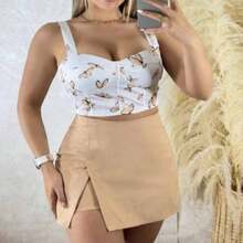 Falda short con abertura blusa crop top camiseta tirantes set de 2 piezas copa semiformada  Colorblock  Floral  mariposas   Fiesta  Elegante - Beis - Ver 1
