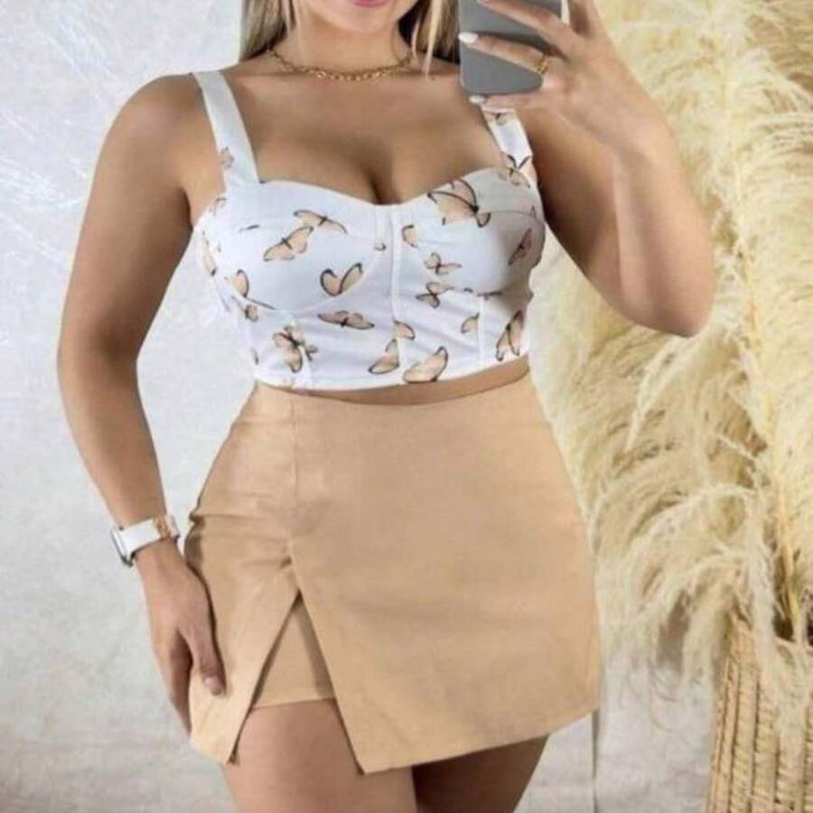 Falda short con abertura blusa crop top camiseta tirantes set de 2 piezas copa semiformada Colorblock Floral mariposas Fiesta Elegante - Beis - Ver 1