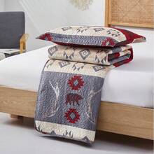 Reversible Lodge Plaid Bedding Moose Bear Quilt Full/Queen Size Rustic Bedspread Cabin Coverlet Wildlife Forest Daybed Cover Summer Lightweight Bed Cover Pillow Shams - 灰色勃根地酒紅 - 查看 7