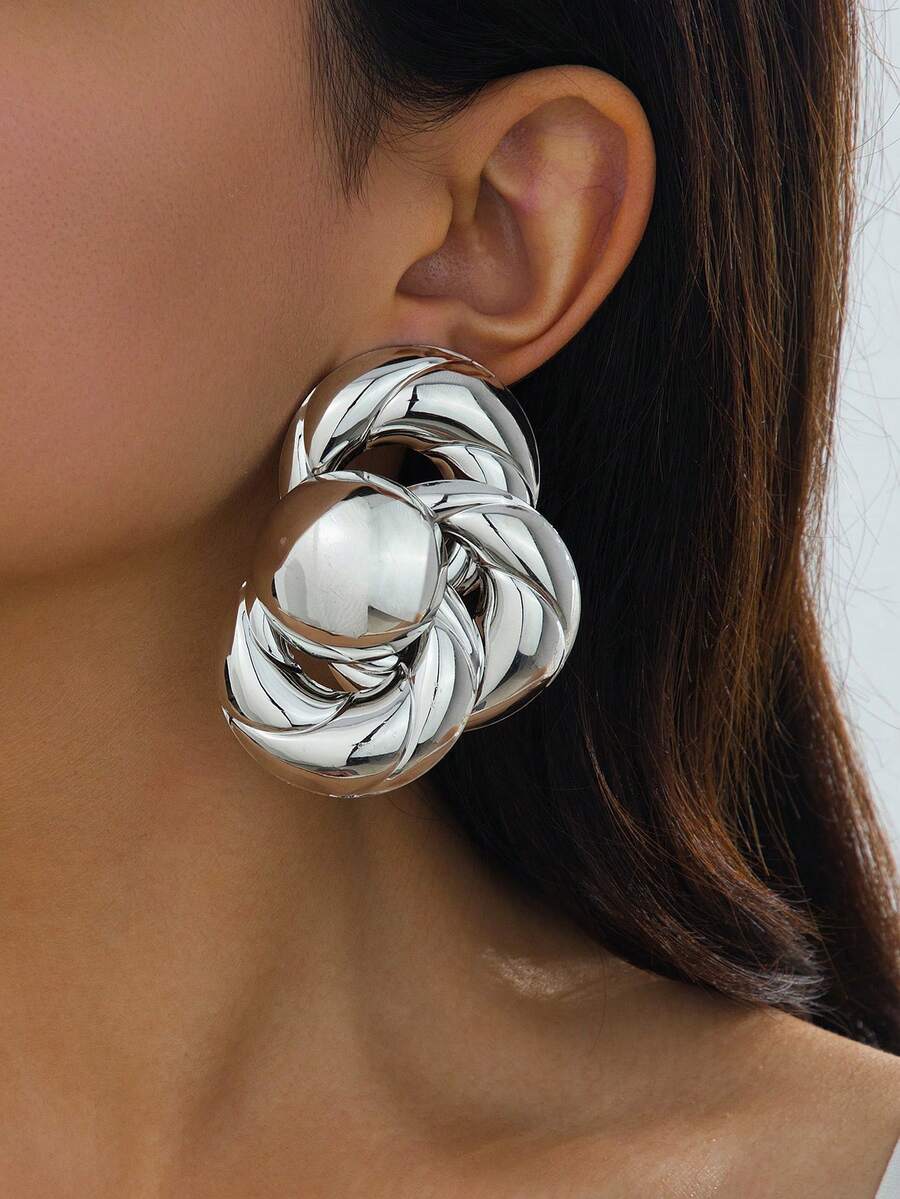 1 对夸张高端金属质感大表面金色几何图案吊坠耳环，适合女性日常佩戴 - 銀色 - 查看 1