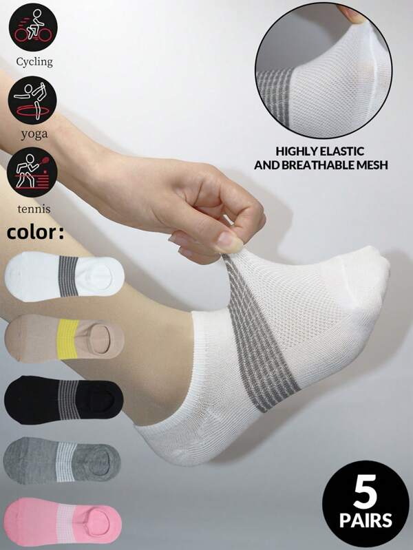 1-5 paires de chaussettes courtes en maille respirante et élastique, couleur unie, pour femmes d'été. Chaussettes fines et confortables qui absorbent l'humidité.