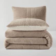 Comforter Set 3 Piece, Plush Fluffy Bedding, Geometric Pattern, Lightweight Bedspread Blanket All Season, Faux Comforter - Brown - View 7