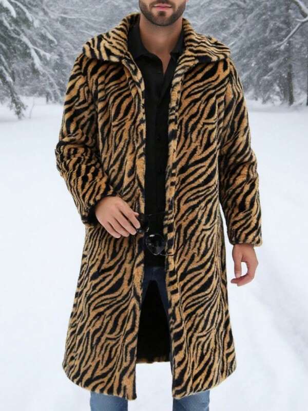 Men's Faux Fur Warm Long Zebra Print Jacket, Fashionable For Autumn/Winter