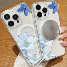 Blue Lilies Elegant Floral Design White Background -Clear Magnetic Phone Case For IPhone [X/11/12/13/14/15/16 Pro Max]-Slim TPU Shockproof Cover,Anti-Slip & Scratch-Resistant,Good Gift For Girls And Boys | Summer Gift Idea - Clear - View 2