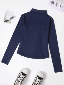 加大码拉链长袖运动夹克，女士紧身拇指孔袖口健身瑜伽跑步运动服外套春季款 - 寶藍色 - 查看 6